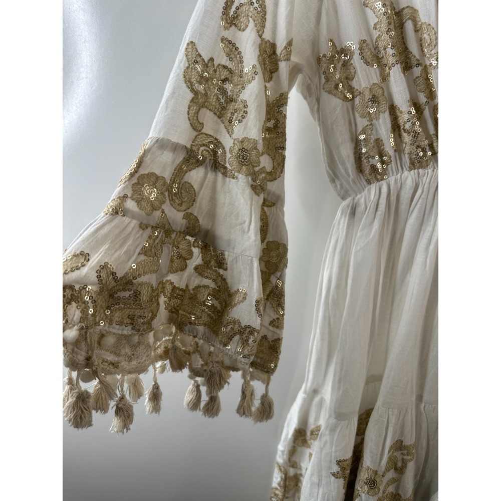 NWT Antica Sartoria Dress One Size White Gold Sequin Tassel Boho Beach Cotton - Picture 5 of 14
